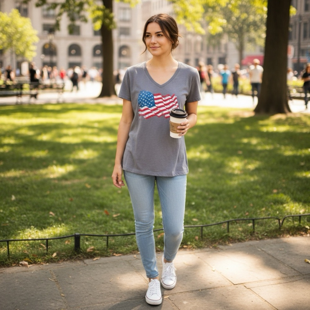 Gildan Gray‎ Tee with American Flag Design